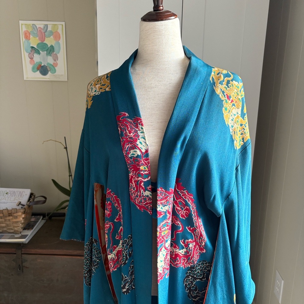 Vintage Asian Kimono Beautiful Teal Patterned Fabric Sz M/L